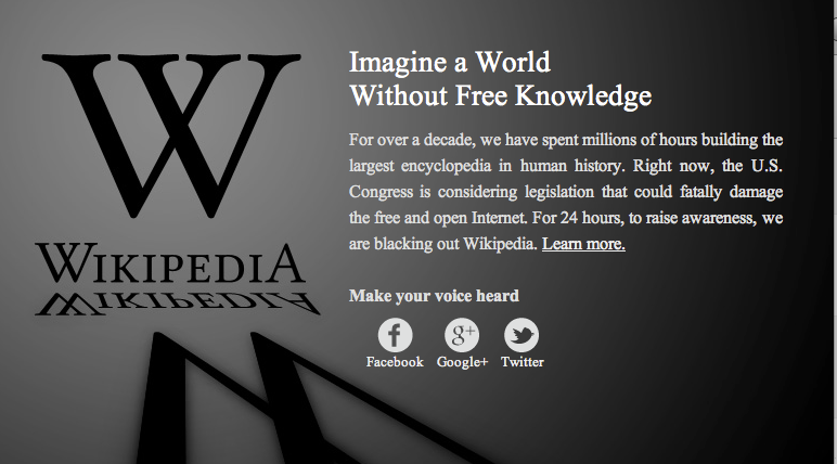 Wikipedia SOPA protest screenshot