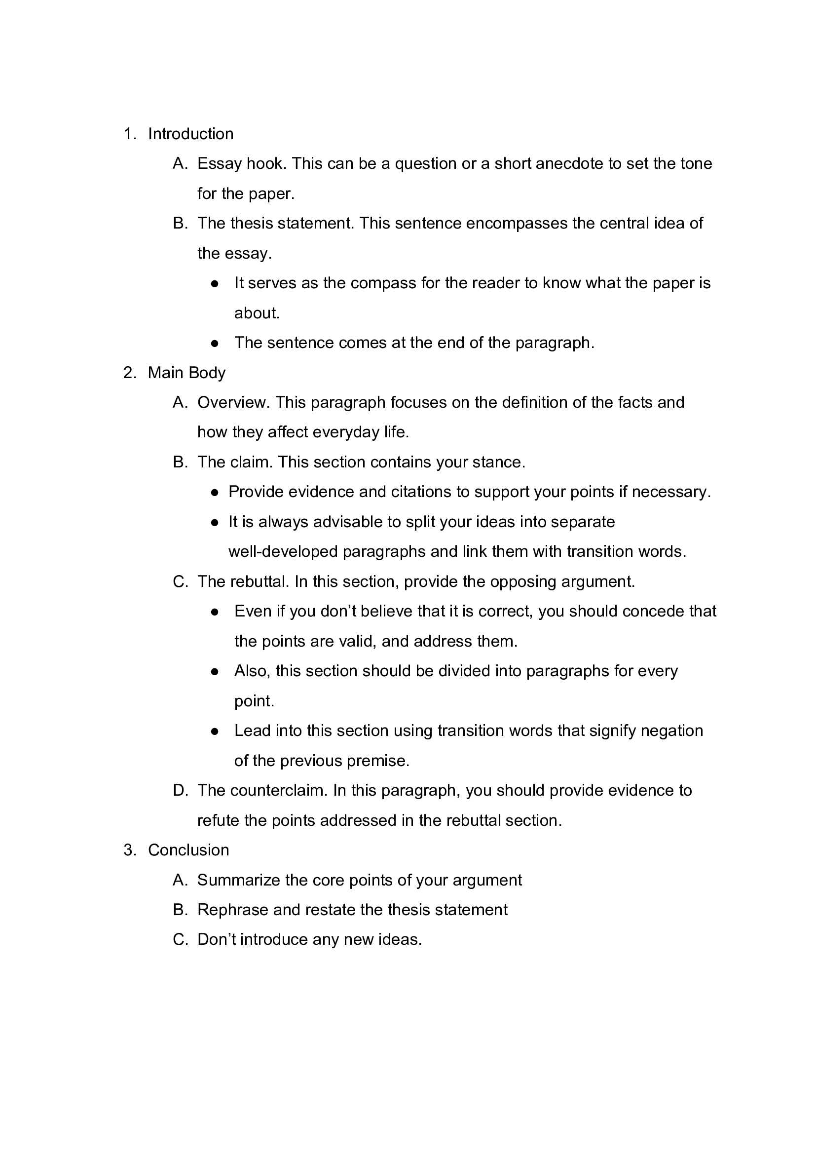 sample outline of an argumentative essay